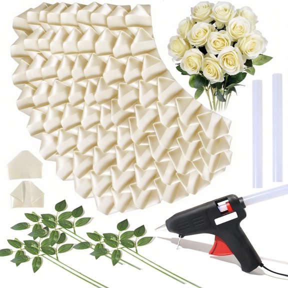 300PCS DIY Rose Petal Kit with Glue Gun, Sticks & Leafy Stems | Half-Finished Satin Ribbon Flower Craft Set | for Wedding, Anniversary, Birthday Bouquets (Cream White)