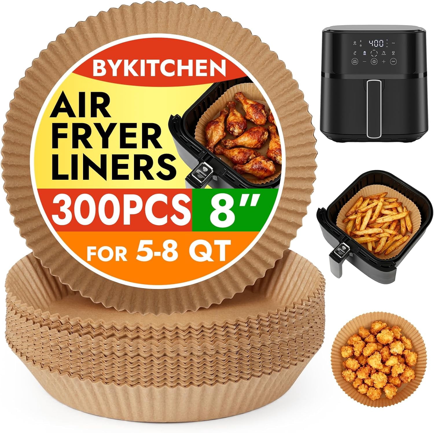 300PCS Disposable Air Fryer Liners for Ninja AF141 5QT Pro AF181 6.5QT, Chefman 6 QT, Cosori 6QT &Other 5 to 8Qt Airfryer, 8 Inch Round Air Fryer Parchment Paper, Airfryer Basket Accessories