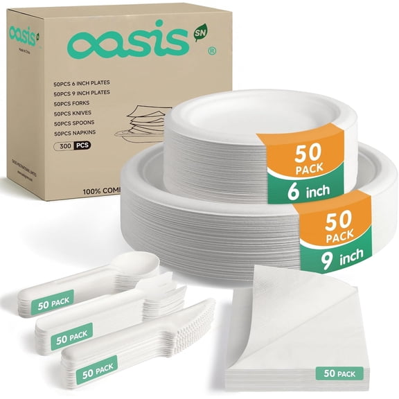 300PCS Disposable Paper Dinnerware Set for 50 Guests, Compostable 50 6 Dessert Plates, 50 9 Plates, 50 Spoons, 50 Forks, 50 Knives and 50 Napkins, Perfect for ings, Parties (White)
