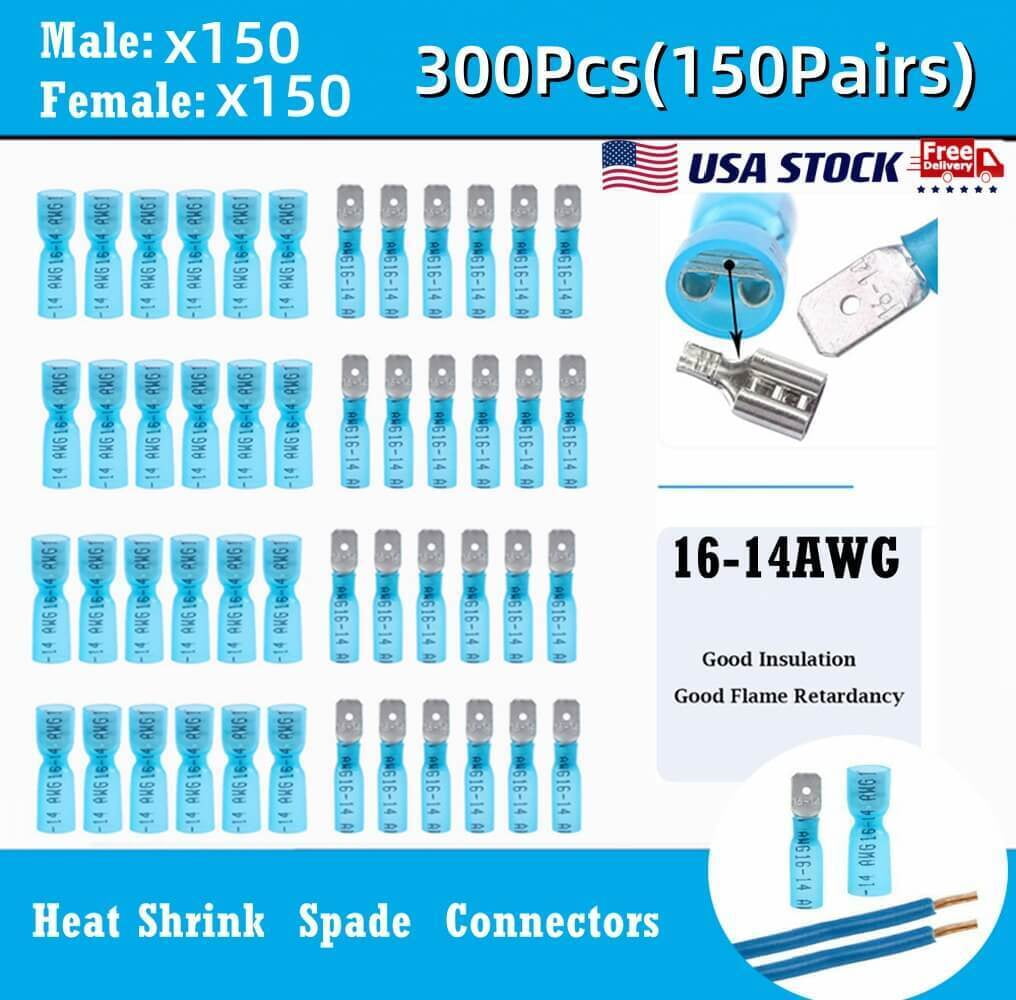300PCS Electrical Heat Shrink  Wire Connectors Male and Female Spade Terminals