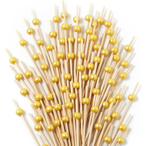 300PCS Gold Pearl Cocktail Picks, 4.7" Bamboo Toothpicks for Appetizers, Fancy Food Sticks for Party, Wedding, Charcuterie, Fruit, Dessert, Drinks, Buffet Decor