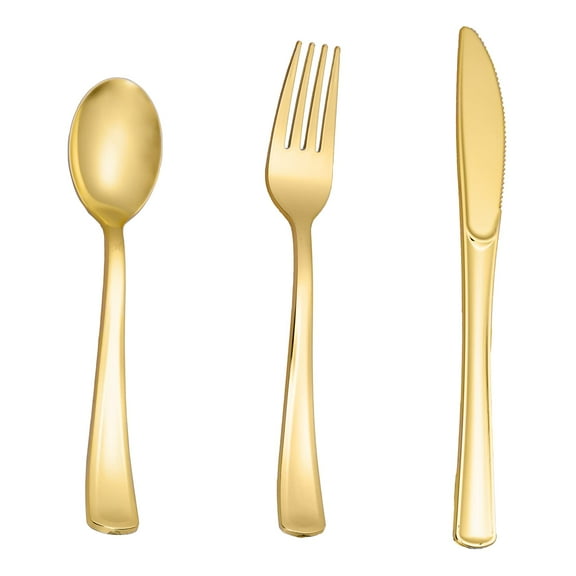 300PCS Gold Plastic Silverware, Heavy Duty Gold Plastic Cutlery Set Disposable Flatware Dinnerware, 100 Gold Forks, 100 Gold Spoons, 100 Gold Knives, Perfect for Party, Weeding and Daily Use