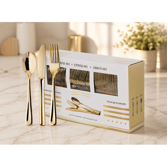 300PCS Gold Plastic Silverware Set, Disposable Cutlery with Forks, Knives and Spoons for Parties and Events