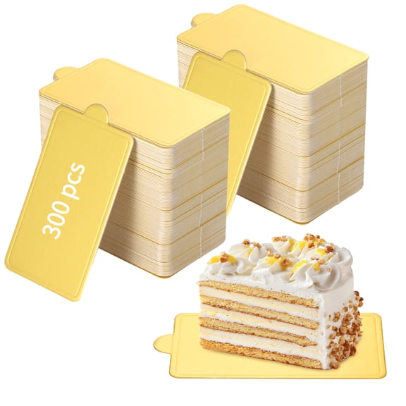 300PCS Golden Mini Cake Boards, 3.9" x 2.4" Rectangular Cake Boards, Food-Safe Cardboard Mousse Cake Boards for Dessert Display, Baking, Wedding, Party