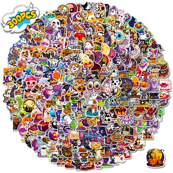 300PCS Halloween Pumpkin Stickers, Vinyl Waterproof Stickers for Water Bottles Laptop Skateboard Computer, Halloween Party Favors Gifts Funny Stickers for Kids Teens Adults