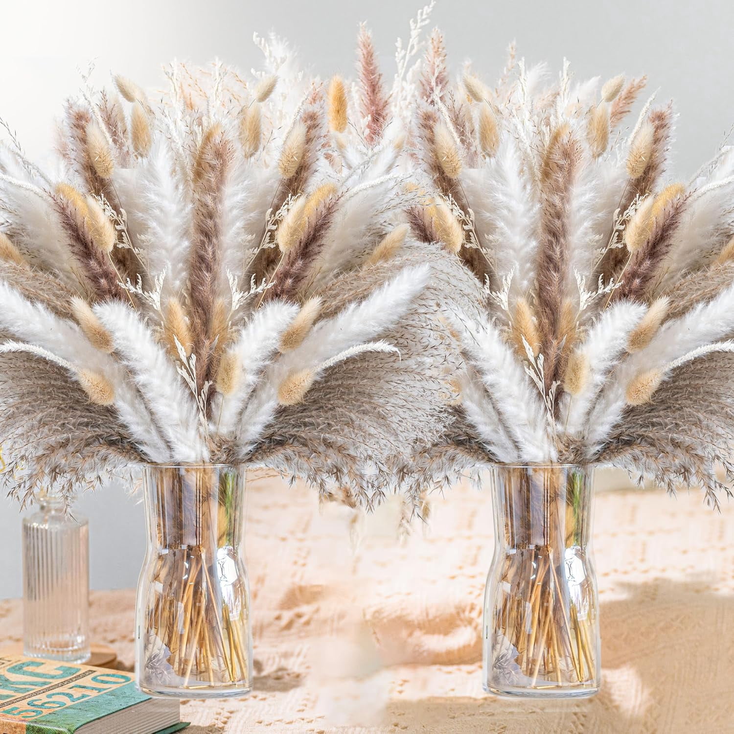 300PCS Natural Pampas Grass 8-Kind Mixed Bouquet | Dried Pampas Bouquet for Wedding, Boho Flowers, Home Table & Desk Decor, Rustic Farmhouse Decor