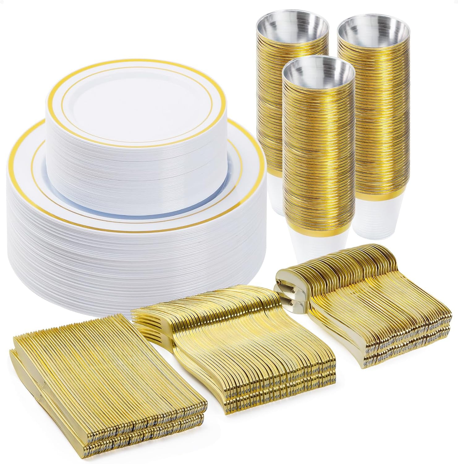 Elama 150 Piece Disposable Plastic Dinnerware Party Set for 25 Guests in White with Gold Decal Trim main image 0