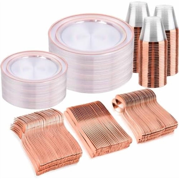 300PCS Rose Gold Plastic Dinnerware - Clear Dinnerware Set Disposable Include 50 Dinner Plates,50 Dessert Plates,50 Knives,50 Forks,50 Spoons,50 Cups for Party, Wedding & Valentines Day