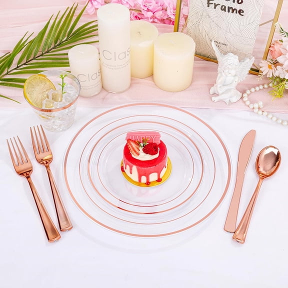 300PCS Rose Gold Plastic Dinnerware - Clear Dinnerware Set Disposable Include 50 Dinner Plates,50 Dessert Plates,50 Knives,50 Forks,50 Spoons,50 Cups for Party, Wedding & Valentines Day