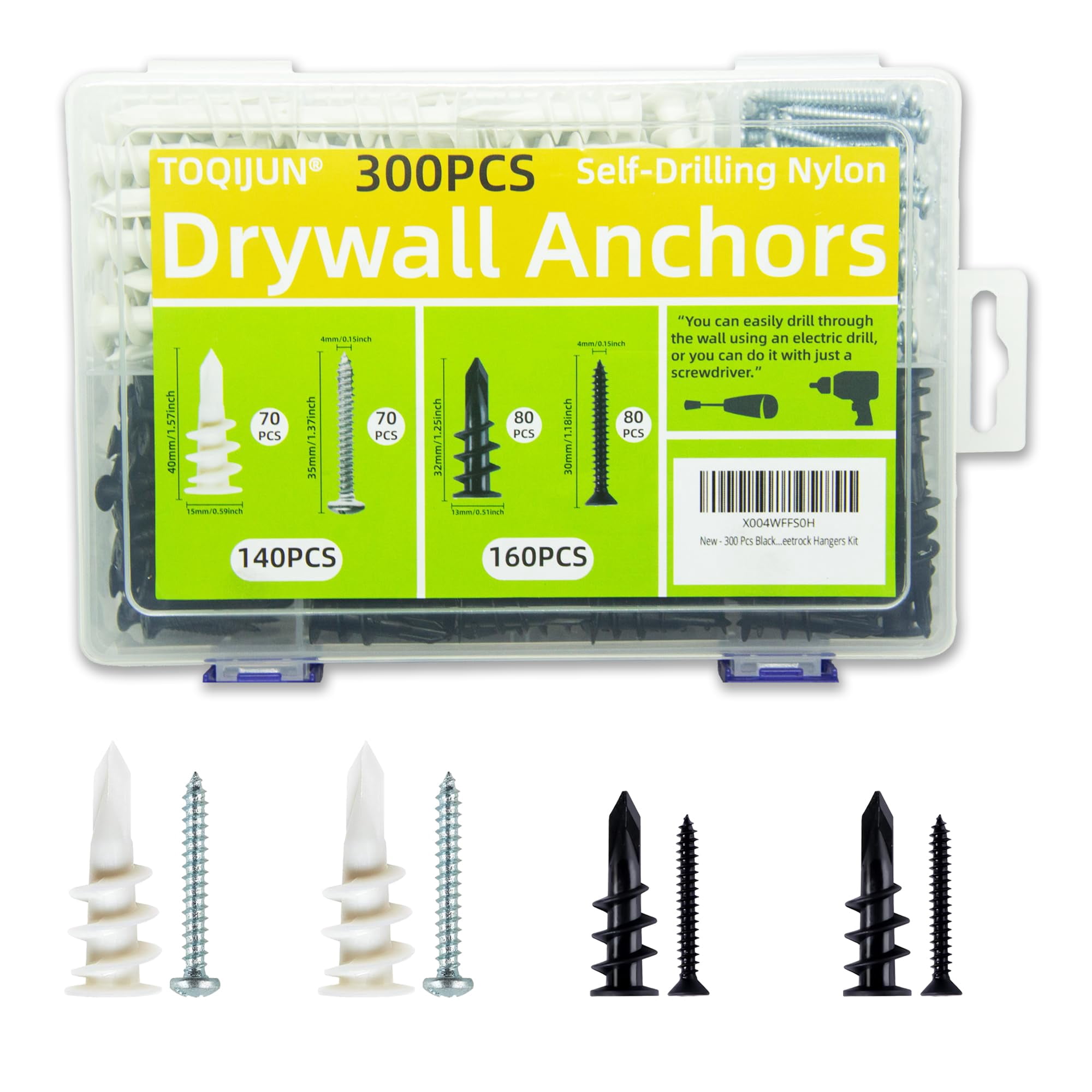 300PCS Self Drilling Drywall Anchors, Nylon Plastic Wall Anchors and Screws for Drywall, No Pre Drill Required for Picture Frames Wall Decor Art, Sheetrock Hangers- 75 Lbs,Black and White