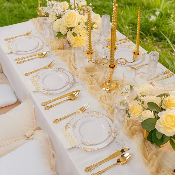 300PCS White and Gold Plastic Plates - Gold Disposable Dinnerware Sets for 50 Guests