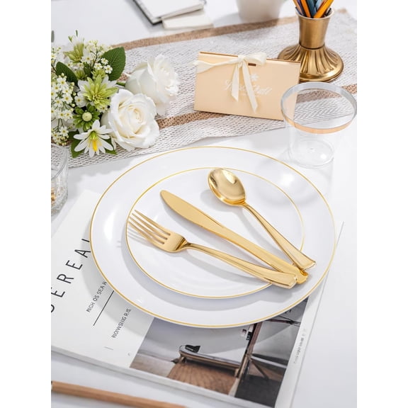 300PCS White and Gold Plates - Wedding Plastic Dinnerware Set for 50 Guests