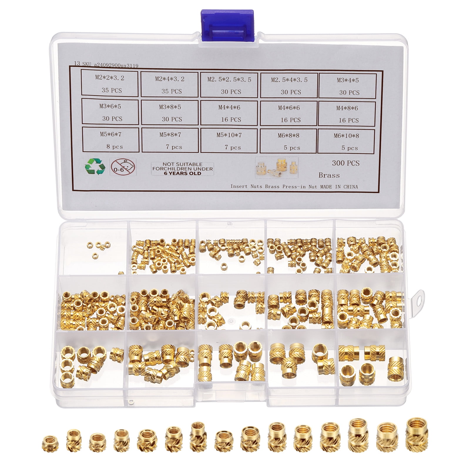 300Pack M2 M2.5 M3 M4 M5 M6 Metric Threaded Inserts Brass Heat Set Insert Knurled Nuts Assortment Kit, 3D Printing Brass Nuts Female Threaded Inserts Nuts