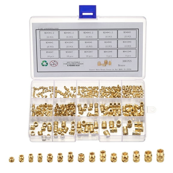 300Pack M2 M3 M4 M5 M6 Metric Threaded Inserts Brass Heat Set Insert Knurled Nuts Assortment Kit, 3D Printing Brass Nuts Female Threaded Inserts Nuts