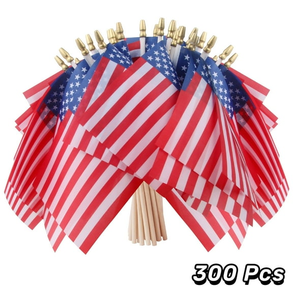 300Pack Proudly Made in U.S.A. Small American Flags 4x6 Inch US Flag with Wood Stick Flag Hand Held Stick Flags