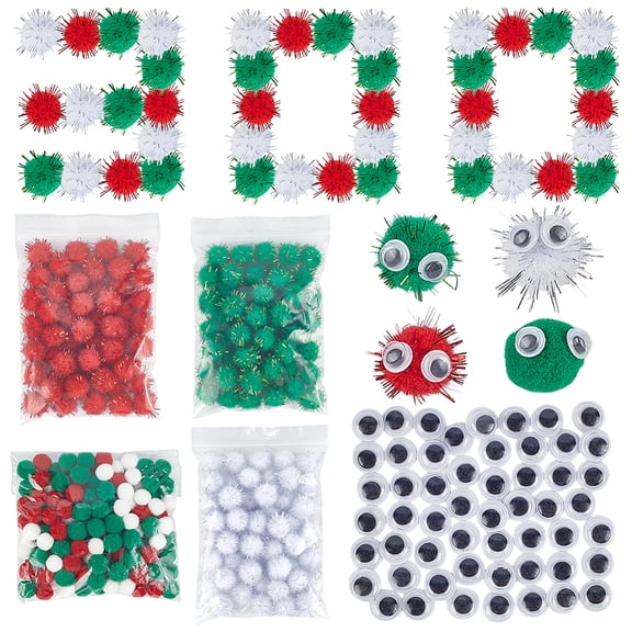 300Pcs 0.6 Inch Assorted Pompoms Balls with 100Pcs Wiggle Eyes Multicolor Glitter Poms Sparkle Balls Glitter Soft Fluffy Craft Pom Pom Balls Bulk