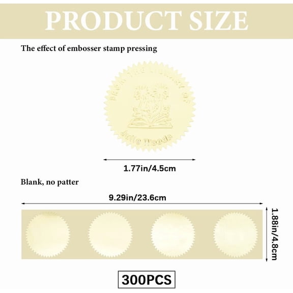 300Pcs 1.77 Inch Embossed Envelope Seals Gold Certificate Stickers Blank Self Adhesive Foil Sealing Labels with Serrated Edge Embosser Stamp Sticker for Envelopes Wedding Invitations Cards