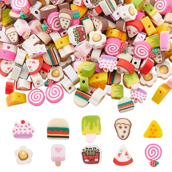 300Pcs 10 Styles Food Handmade Polymer Clay Beads Mixed Shapes Mixed Color 8~10.5x6~13x4~4.5mm Hole: 1~1.8mm 30pcs/style DIY