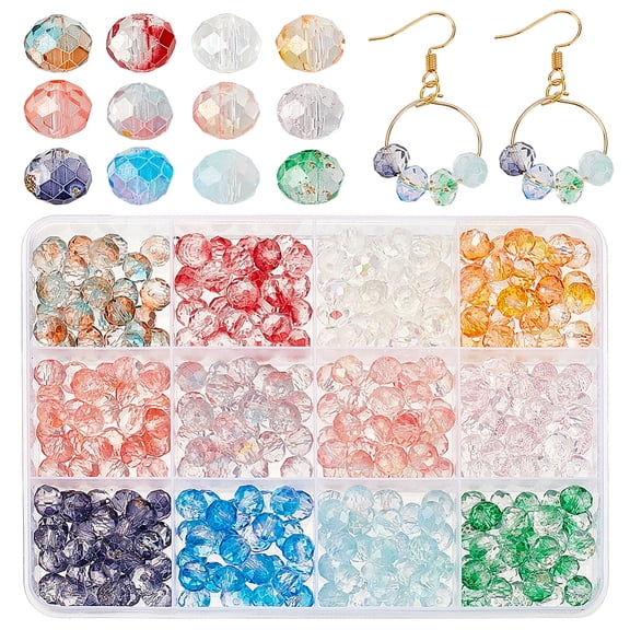 300Pcs 12 Colors Baking Painted Transparent Glass Beads Gradient Color with Foil Faceted Round Mixed Color 8x6~6.5mm Hole: 1.4~1.6mm