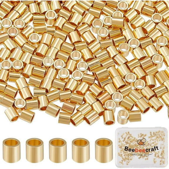 300Pcs 14K Gold Filled Brass Crimp Beads Positioning Column Spacer Beads Metal Tube Loose Beads with Storage Box for DIY Necklace Bracelets Anklets Making for DIY