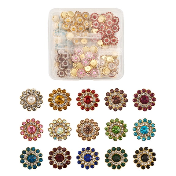 300Pcs 15 Style Flower Shape Rhinestone Buttons with Golden Tone Zinc Alloy Findings Resin Imitation Pearl Beads Mixed Color 20pcs/style