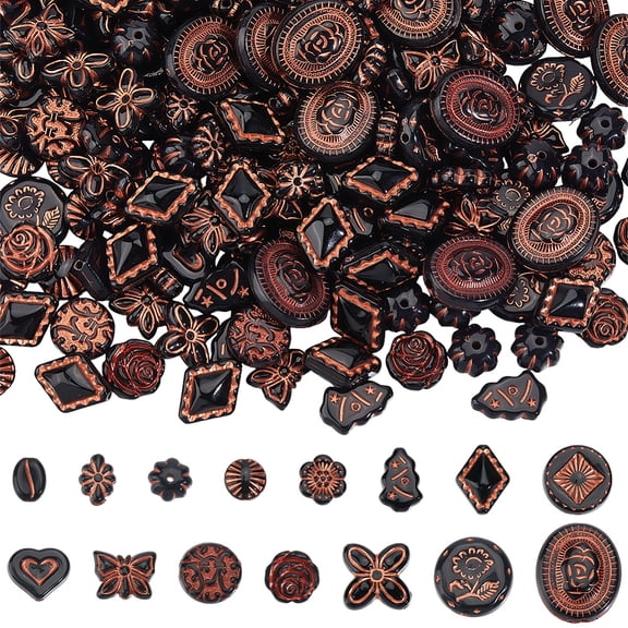 300Pcs 15 Styles Opaque Acrylic Beads Red Color Enlaced Mixed Styles Black 10.5-21.5x8-18.5x4-9mm Hole: 1.2-2mm 20pcs/style
