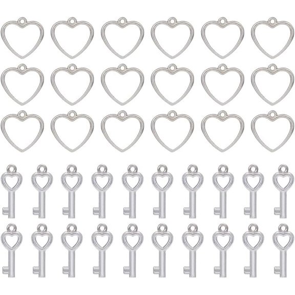 300Pcs 2 Style Hollow Heart Charm Vintage Keys Heart Charm Open Bezel Pendants Charm Platinum Heart Frame Connector Plastic Dangle Pendant for Jewelry Making Gifts Valentine's Day DIY Platinum