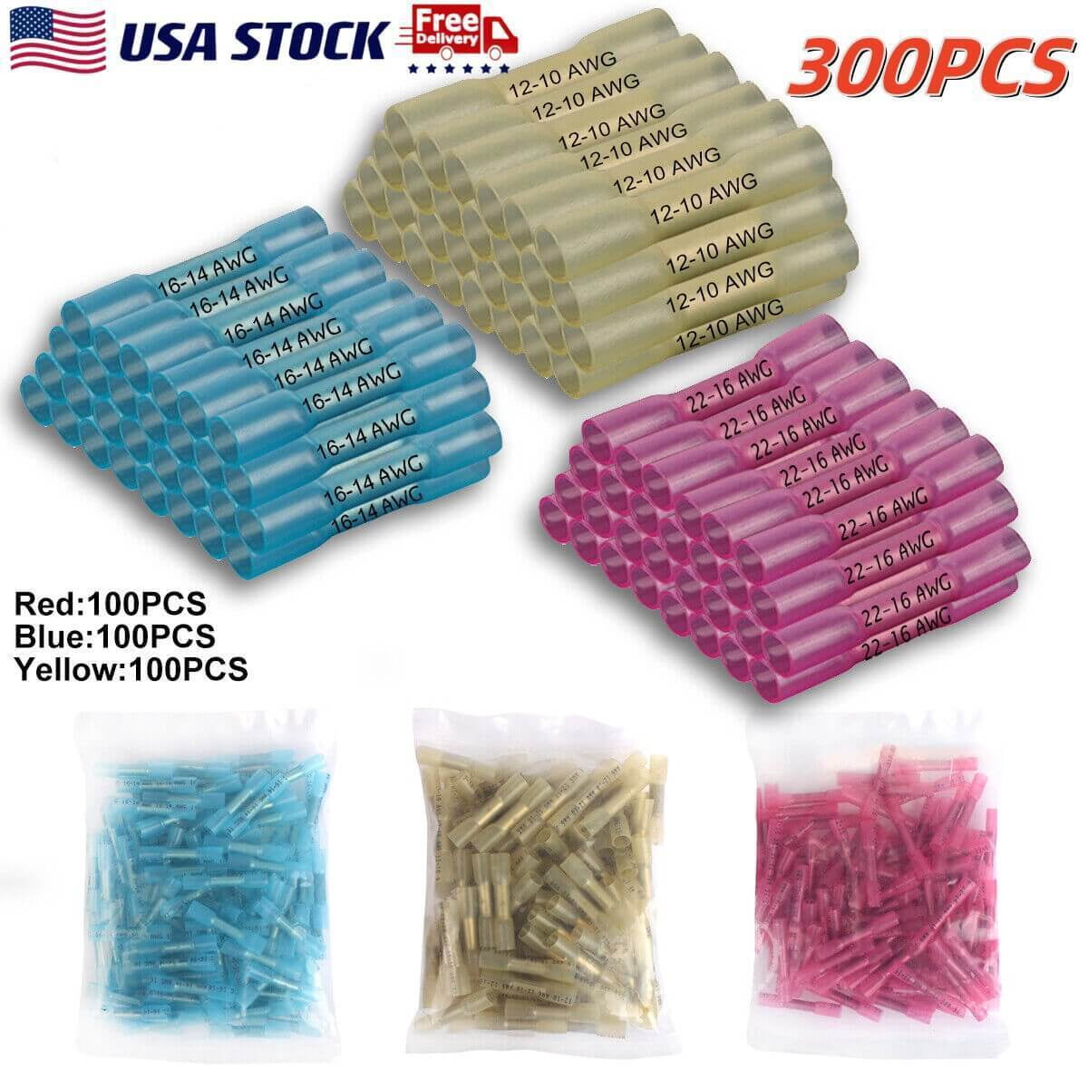300Pcs 22-10AWG Heat Shrink Butt Wire Splice Connectors Seal Crimp Terminals