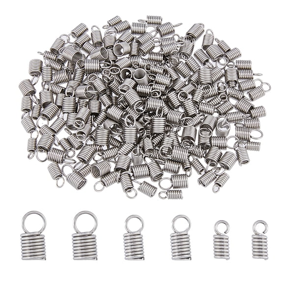 300Pcs 3 Sizes Stainless Steel Coil Cord End 2/3/4mm Spring Tube Cap Clasps with Loops Ribbon Leather Cord Ends Crimp Spring Fasteners ClaspDIY