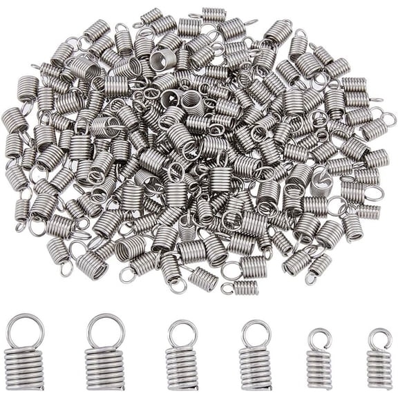 300Pcs 3 Sizes Stainless Steel Coil Cord End 2/3/4mm Spring Tube Cap Clasps with Loops Ribbon Leather Cord Ends Crimp Spring Fasteners Clasp