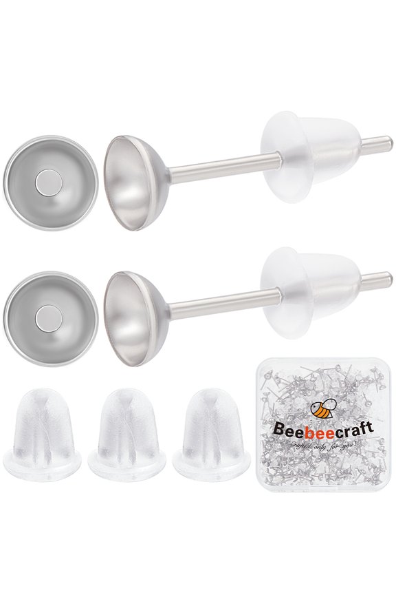 300Pcs 304 Stainless Steel Studs Earring Finding with 316 Surgical Stainless Steel Pin and Plastic Ear Nuts Stainless Steel Color 13x4mm Pin: 0.6mm