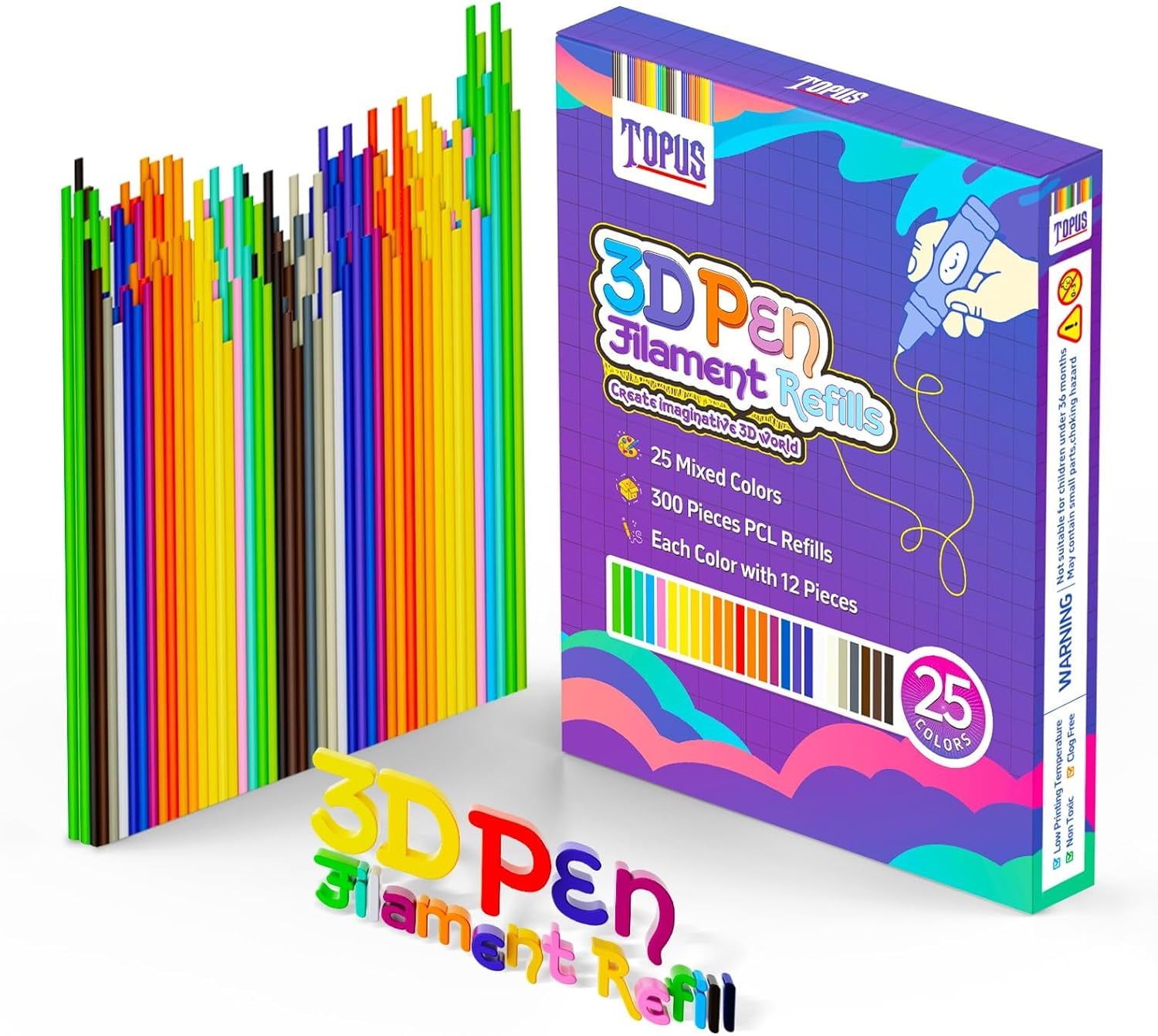 300Pcs 3D Pen Filament Refills Compatible with Start+ Pen, 25 Colors 3D Filament Bundle, 3D Pen Refill Sticks with 15cm x 12Pcs Per Color, Low Print Temperature PCL Filament 2.5mm Thick