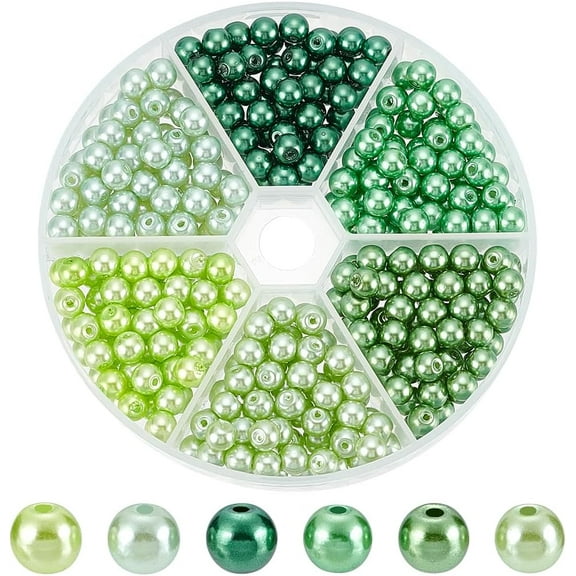 300Pcs 6 Colors Pearlized Glass Round Beads 6-7 mm Mixed Green Pearls Loose Satin Luster Spacer Beads with Holes