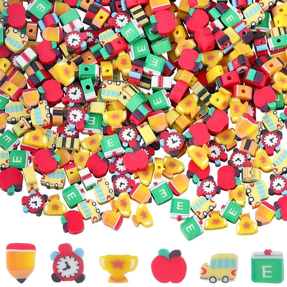300Pcs 6 Styles Back to School Handmade Polymer Clay Beads Mixed Shapes Mixed Color 7x8.5x4mm Hole: 1.4mm 50pcs/color