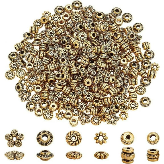 300Pcs 6 Styles Tibetan Style Alloy Spacer Beads Mixed Shapes Antique Golden 5~7x4~7mm Hole: 2~2.2mm 50pcs/style for DIY