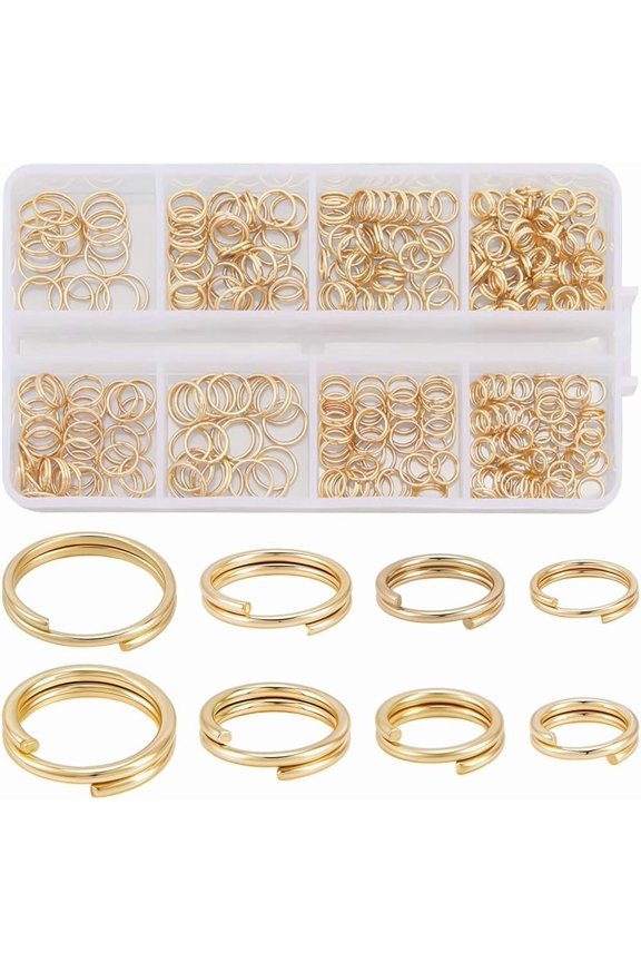 300Pcs 8 Styles Stainless Steel Split Rings Double Loops Rings Real 18K Gold Plated 21~22 Gauge 5~8x1.2~1.4mm Handmade