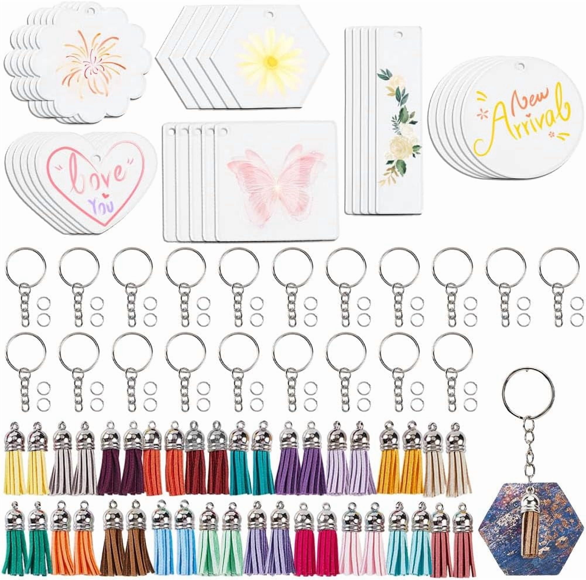 300Pcs Acrylic Keychain Blanks Bulk Key Chain Blanks Clear Round Rectangle Heart Blank with Tassel Pendant Keychains Making Kit for Vinyl Jewelry Making Supplies DIY Crafts colorful