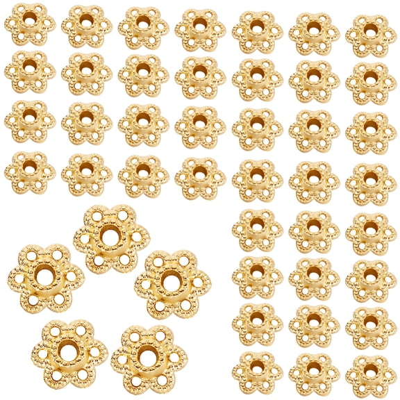 300Pcs Alloy Beads Caps Hollow 6-Petal Flower 5 Petals Golden 6.5x2mm Hole: 1mm