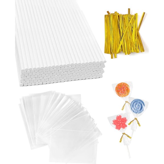 300Pcs Cake Pop Sticks and Wrappers, 6-inch 3.5mm Thick Paper Lollipop Sticks, Cakepop Packing Kit for Candy, Chocolate with 100 Sticks, 100 Traet Bags, 100 Twist Ties (Gold Ties)