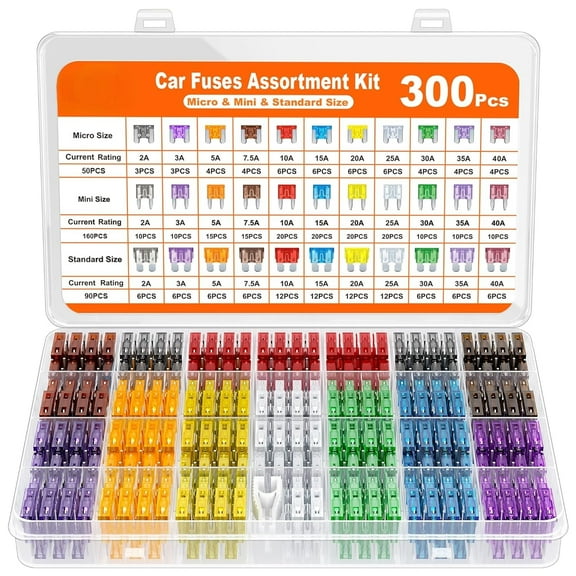 300Pcs Car Fuse Assortment Kit, 160 Mini Blade Fuses Automotive + 90 Standard Auto Fuses + 50 Micro Fuse + 1 Puller  for Car/RV/Truck/Motorcycle(2Amp 3A 5A 7.5A 10A 15A 20A 25A 30A 35A 40A)