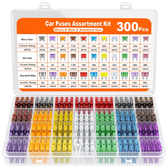 300Pcs Car Fuse Assortment Kit, 160 Mini Blade Fuses Automotive + 90 Standard Auto Fuses + 50 Micro + Puller  Replacement for RV Camper Boat Truck (2Amp 3A 5A 7.5A 10A 15A 20A 25A 30A 35A 40A)