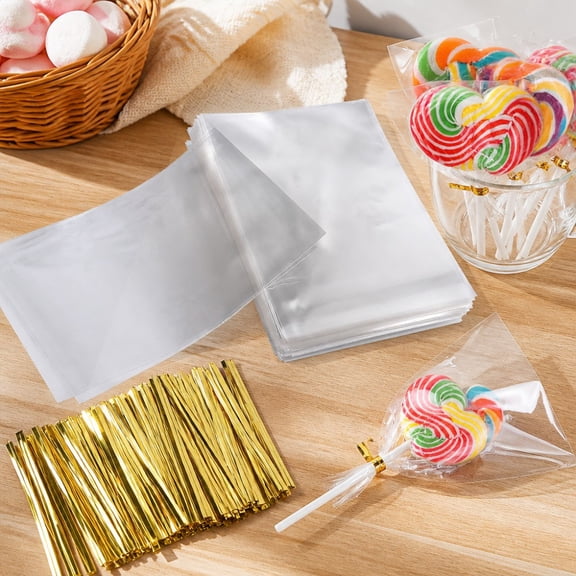 300Pcs Cellophane Treat Bag 3.1x4.7 Inches Cake Pop BagsResealable Packaging Individual OPP Plastic Bags for Lollipop Cake Candy Chocolate Cookie Wrapping B