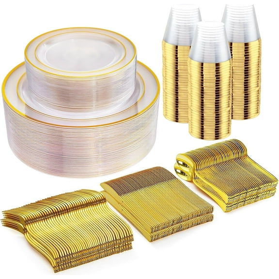 300Pcs Clear Gold Dinnerware, Clear and Gold Plates Heavy Duty, Including 50 Dinner and 50 Dessert Plates, 50 Cups, 50 Silverware