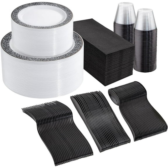 300Pcs Clear Gold Dinnerware, Clear and Gold Plates Heavy Duty, Including 50 Dinner and 50 Dessert Plates, 50 Cups, 50 Silverware