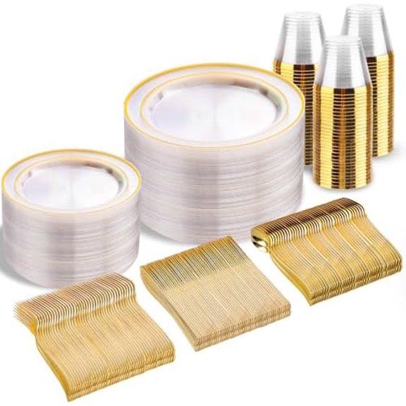 300Pcs Clear Gold Plastic Disposable Dinnerware Set - Clear Plates with Gold Trim Include 50 Dinner / 50 Dessert Plates,50 Cups,150 Plastic Silverware Set for Party