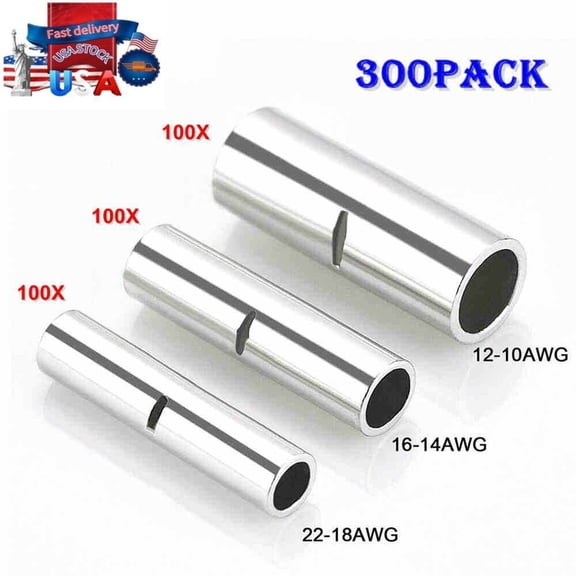 300Pcs Copper Bare Wire Splice Terminals Ferrule Butt Crimp Connectors 22-10 AWG