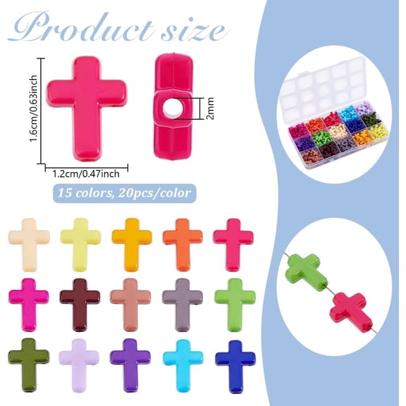 300Pcs Cross Beads 15 Colors Acrylic Cross Beads Colorful Cross Charms Spacer Loose Beads Cross Charms Beads for Jewelry Making Beading Hole: 2mm