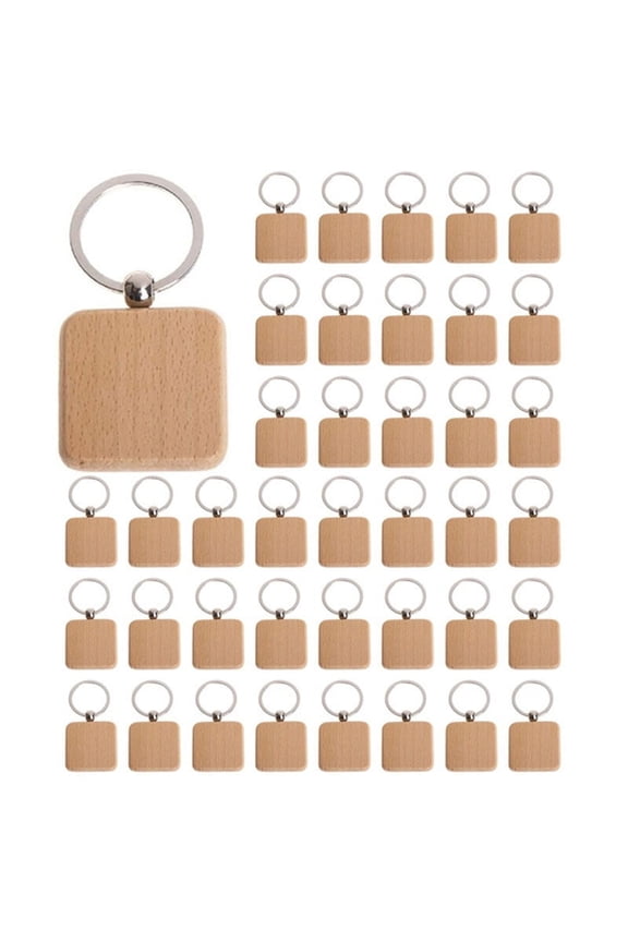 300Pcs DIY Blank Wooden Key Chain Square Carved Key Ring Wooden Key Ring About 40 X 40 mm,300 x Wooden Key Chain,Wood Color & Silver