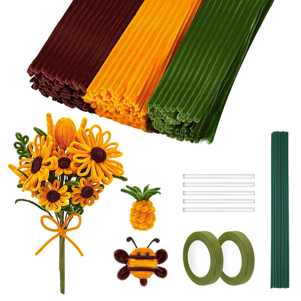 300Pcs DIY Plush Sticks with Paper Floral Adhesive Tape for Bouquet Stem Wrap 30Pcs Plastic with Iron Floral Stem 5Pcs Hot Melt Plastic Glue Sticks