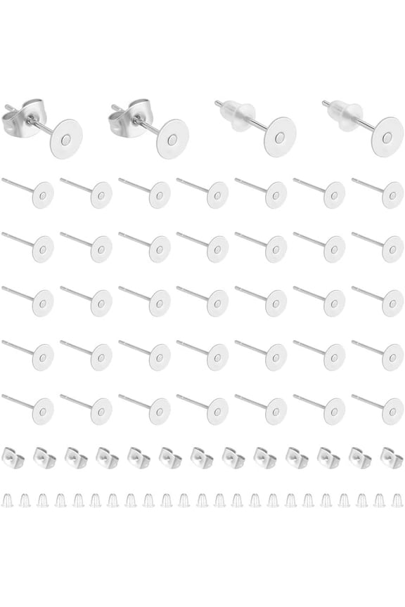 300Pcs Earring Posts Stud Earring Findings 5mm Blank Flat Pad Earring Studs Flat Ear Backs Stainless Steel Flat Back Blank Earring Studs Earring for DIY Jewellery Making DIY
